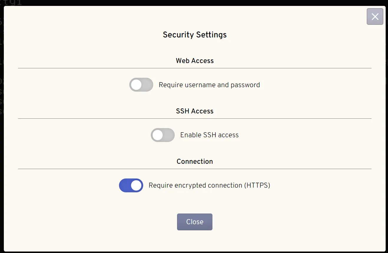 Screenshot highlighting default security settings of TinyPilot web interface, showing lack of pre-configured authentication Screenshot highlighting default security settings of TinyPilot web interface, showing lack of pre-configured authentication