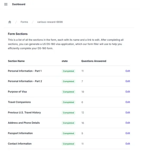 DS-160.io dashboard showing completed form sections including Personal Information, Travel History, and visa application status