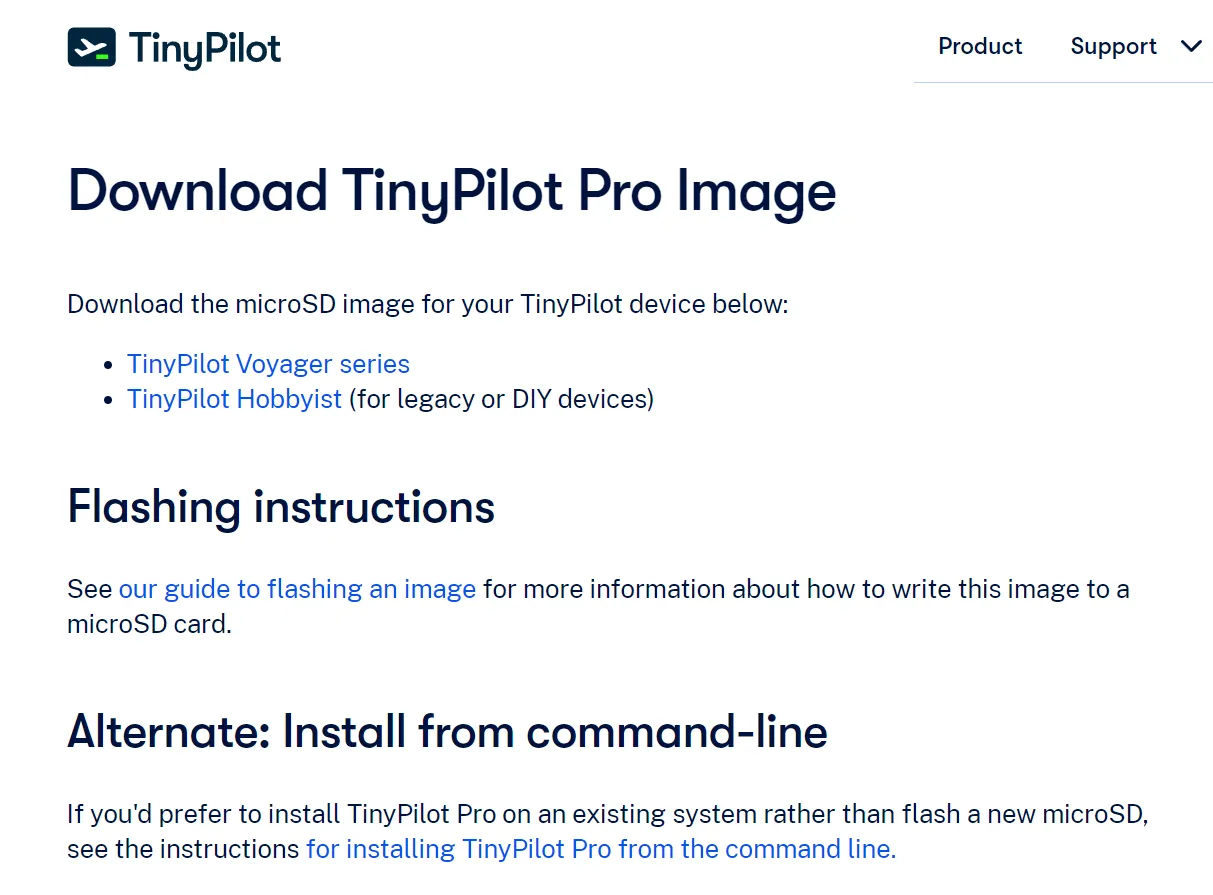 Screenshot of official TinyPilot image download links displayed on TinyPilot's website Screenshot of official TinyPilot image download links displayed on TinyPilot's website