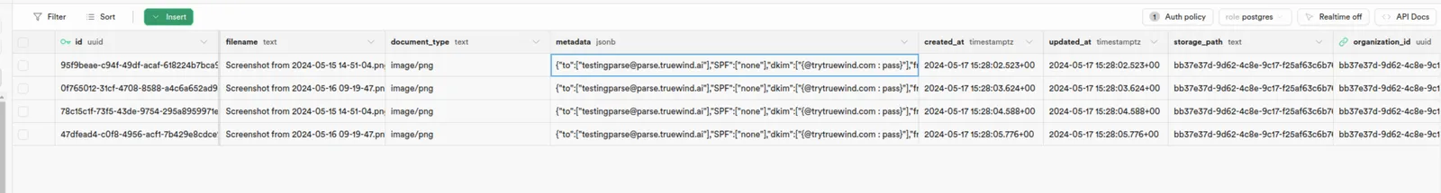 "A screenshot showing the uploads table in the staging environment."