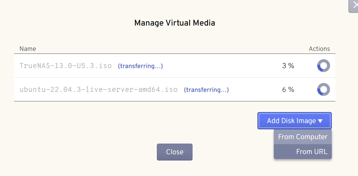 Screenshot showcasing the Virtual Media controls within the TinyPilot user interface, uploading TrueNAS and Ubuntu Server ISO images Screenshot showcasing the Virtual Media controls within the TinyPilot user interface, uploading TrueNAS and Ubuntu Server ISO images