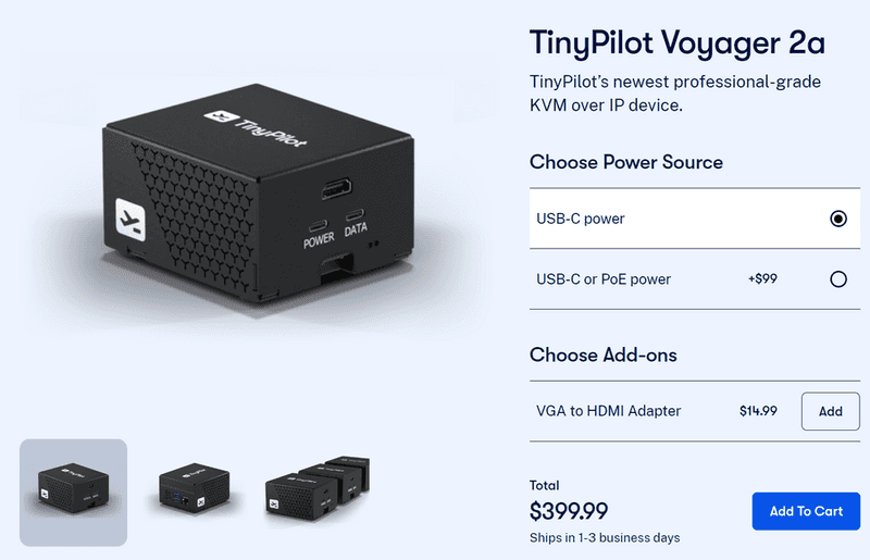 Screenshot of TinyPilot pricing page detailing optional add-ons including USB-C or PoE power options and HDMI to VGA adapter