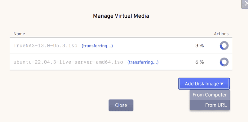 Screenshot showcasing the Virtual Media controls within the TinyPilot user interface, uploading TrueNAS and Ubuntu Server ISO images