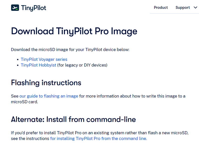 Screenshot of official TinyPilot image download links displayed on TinyPilot's website